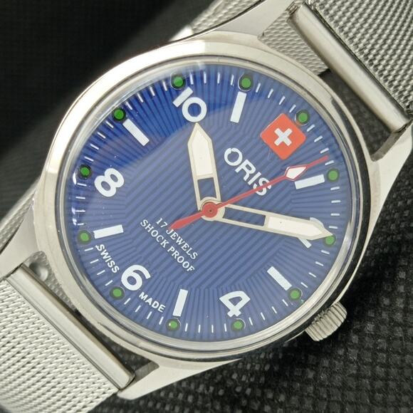 Fortis Other - Vintage 1982 Oris Manual Mens Silver Watch W/Metal Strap & Blue accents